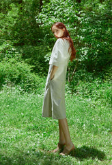 Tailored Button-Front Linen Dress with Soft Pleats and Midi-Length Silhouette