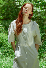 Tailored Button-Front Linen Dress with Soft Pleats and Midi-Length Silhouette