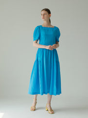 Square Neck Puff Sleeve Linen Dress With Gathered Skirt