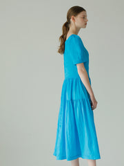 Square Neck Puff Sleeve Linen Dress With Gathered Skirt