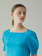 Square Neck Puff Sleeve Linen Dress With Gathered Skirt