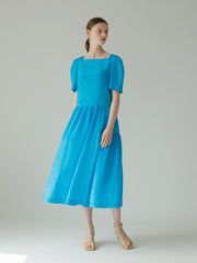 Square Neck Puff Sleeve Linen Dress With Gathered Skirt
