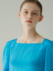 Square Neck Puff Sleeve Linen Dress With Gathered Skirt