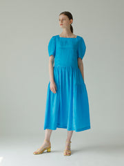 Square Neck Puff Sleeve Linen Dress With Gathered Skirt