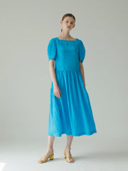 Square Neck Puff Sleeve Linen Dress With Gathered Skirt