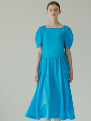 Square Neck Puff Sleeve Linen Dress With Gathered Skirt