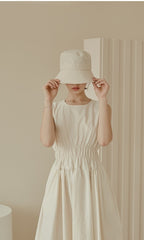 Sleeveless Gathered Waist Linen Midi Dress with Flared Skirt and Soft Structured Silhouette