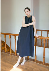 Sleeveless A-Line Midi Dress in Breathable Linen with Seam Detail and Back Zip Closure