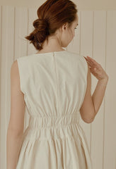 Sleeveless Gathered Waist Linen Midi Dress with Flared Skirt and Soft Structured Silhouette