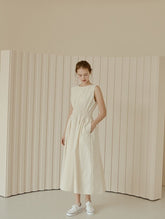 Sleeveless Gathered Waist Linen Midi Dress with Flared Skirt and Soft Structured Silhouette