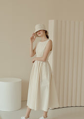 Sleeveless Gathered Waist Linen Midi Dress with Flared Skirt and Soft Structured Silhouette