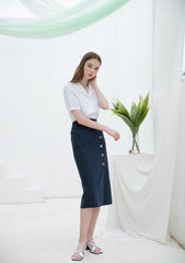 High-Waisted Linen Midi Skirt with Side Button Closure and Clean Tailored Silhouette
