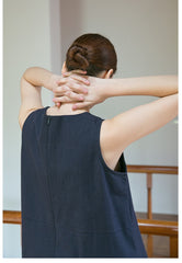 Sleeveless A-Line Midi Dress in Breathable Linen with Seam Detail and Back Zip Closure