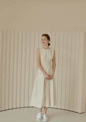 Sleeveless Gathered Waist Linen Midi Dress with Flared Skirt and Soft Structured Silhouette