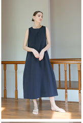Sleeveless A-Line Midi Dress in Breathable Linen with Seam Detail and Back Zip Closure