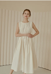 Sleeveless Gathered Waist Linen Midi Dress with Flared Skirt and Soft Structured Silhouette