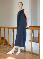 Sleeveless A-Line Midi Dress in Breathable Linen with Seam Detail and Back Zip Closure