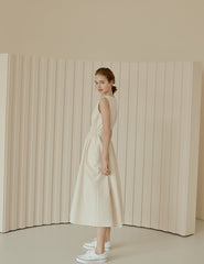 Sleeveless Gathered Waist Linen Midi Dress with Flared Skirt and Soft Structured Silhouette