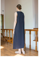 Sleeveless A-Line Midi Dress in Breathable Linen with Seam Detail and Back Zip Closure
