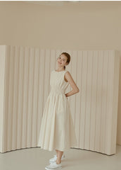 Sleeveless Gathered Waist Linen Midi Dress with Flared Skirt and Soft Structured Silhouette