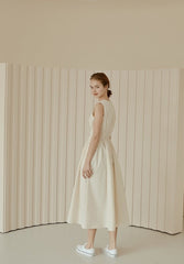 Sleeveless Gathered Waist Linen Midi Dress with Flared Skirt and Soft Structured Silhouette