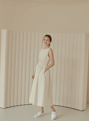 Sleeveless Gathered Waist Linen Midi Dress with Flared Skirt and Soft Structured Silhouette