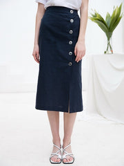 High-Waisted Linen Midi Skirt with Side Button Closure and Clean Tailored Silhouette