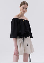 Off-Shoulder Linen Blouse with Drawstring Waist and Relaxed 3/4 Sleeves for Feminine Styling
