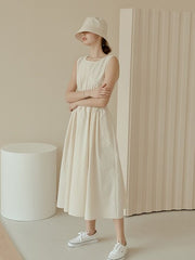 Sleeveless Gathered Waist Linen Midi Dress with Flared Skirt and Soft Structured Silhouette