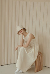 Sleeveless Gathered Waist Linen Midi Dress with Flared Skirt and Soft Structured Silhouette