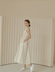 Sleeveless Gathered Waist Linen Midi Dress with Flared Skirt and Soft Structured Silhouette