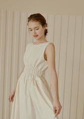 Sleeveless Gathered Waist Linen Midi Dress with Flared Skirt and Soft Structured Silhouette