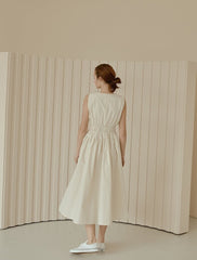 Sleeveless Gathered Waist Linen Midi Dress with Flared Skirt and Soft Structured Silhouette