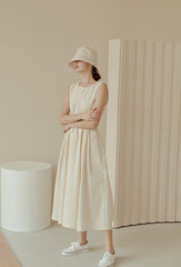Sleeveless Gathered Waist Linen Midi Dress with Flared Skirt and Soft Structured Silhouette