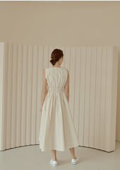 Sleeveless Gathered Waist Linen Midi Dress with Flared Skirt and Soft Structured Silhouette