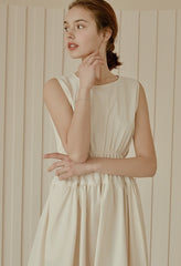 Sleeveless Gathered Waist Linen Midi Dress with Flared Skirt and Soft Structured Silhouette