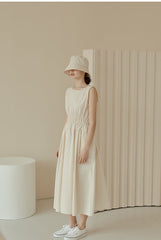 Sleeveless Gathered Waist Linen Midi Dress with Flared Skirt and Soft Structured Silhouette