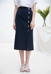 High-Waisted Linen Midi Skirt with Side Button Closure and Clean Tailored Silhouette
