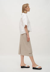 High-Waisted Wrap Front Midi Skirt in Lightweight Linen Blend with Back Vent Detail