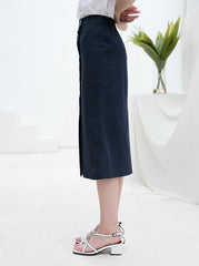 High-Waisted Linen Midi Skirt with Side Button Closure and Clean Tailored Silhouette