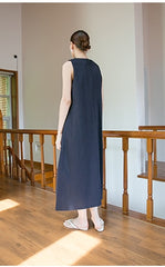 Sleeveless A-Line Midi Dress in Breathable Linen with Seam Detail and Back Zip Closure