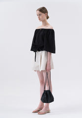 Off-Shoulder Linen Blouse with Drawstring Waist and Relaxed 3/4 Sleeves for Feminine Styling