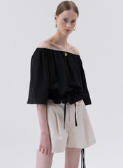 Off-Shoulder Linen Blouse with Drawstring Waist and Relaxed 3/4 Sleeves for Feminine Styling