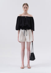 Off-Shoulder Linen Blouse with Drawstring Waist and Relaxed 3/4 Sleeves for Feminine Styling