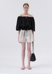 Off-Shoulder Linen Blouse with Drawstring Waist and Relaxed 3/4 Sleeves for Feminine Styling