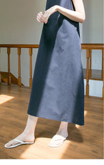 Sleeveless A-Line Midi Dress in Breathable Linen with Seam Detail and Back Zip Closure