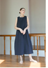 Sleeveless A-Line Midi Dress in Breathable Linen with Seam Detail and Back Zip Closure