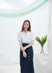 High-Waisted Linen Midi Skirt with Side Button Closure and Clean Tailored Silhouette