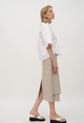 High-Waisted Wrap Front Midi Skirt in Lightweight Linen Blend with Back Vent Detail