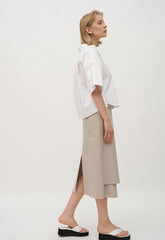 High-Waisted Wrap Front Midi Skirt in Lightweight Linen Blend with Back Vent Detail